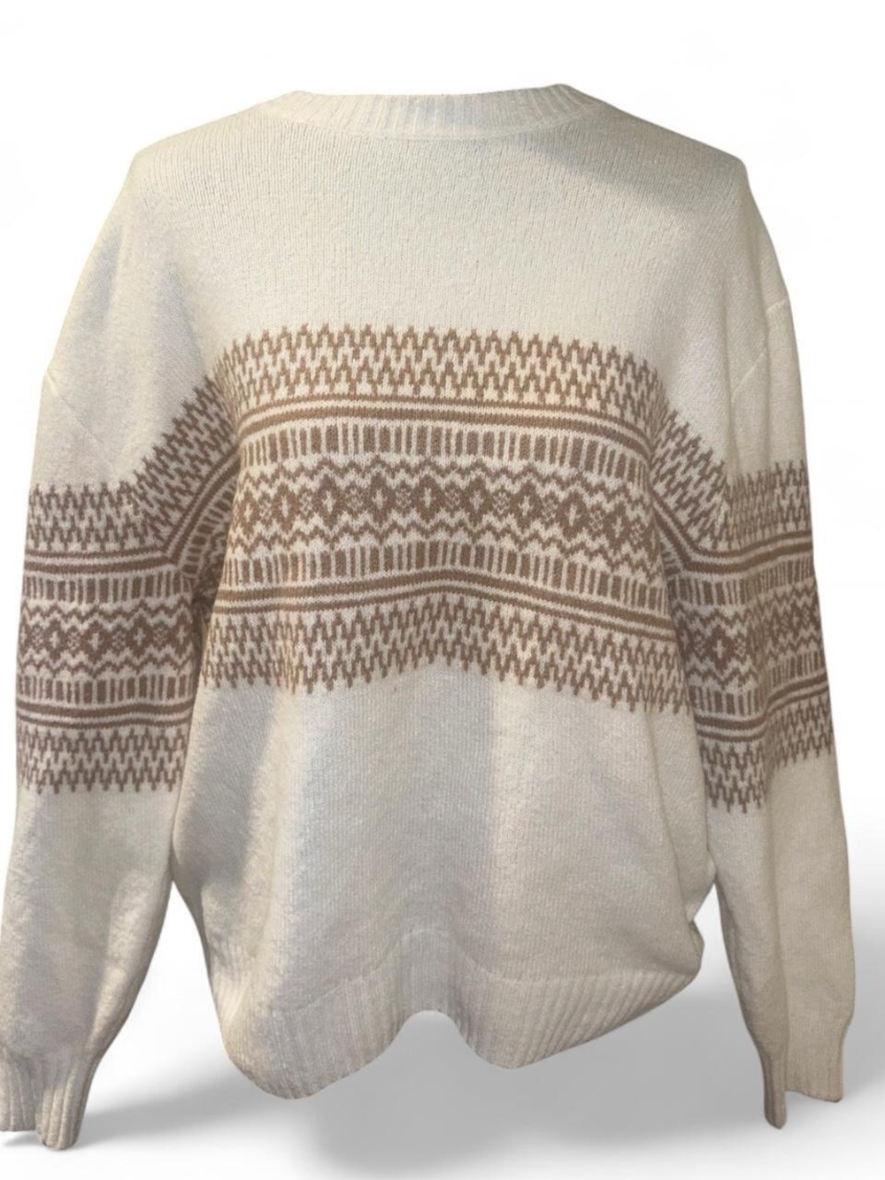 Hollister Cream Crewneck Sweater with Tan Fair Isle Stripe